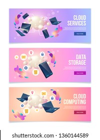 Cloud computing and data storage online services, hosting company web banners, landing pages set with personal computers, laptops and mobile phones, internet services icons around cloud illustration