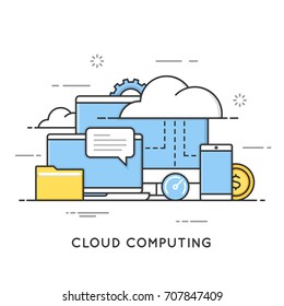 Cloud computing, data storage, web services. Flat line art style concept. Vector banner, icon, illustration. Editable stroke.