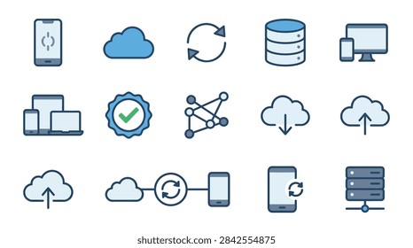 Cloud computing and data synchronization icons set.