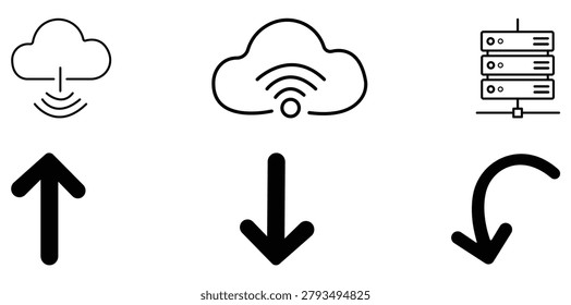 Cloud Computing And Data Transfer Icons Collection Upload Download Sync Elements for Technology Applications and Digital Platforms