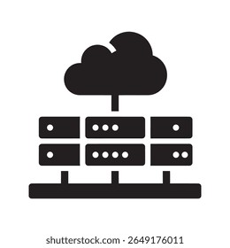 Ícone do banco de dados de computação em nuvem mostrando o servidor do data center que hospeda o armazenamento em rede de tecnologia da informação e a transferência digital para o vetor empresarial moderno ícone de glifo sólido