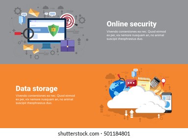Cloud Computing Database Storage Services, Online Security Data Protection Web Technology Banner Flat Vector Illustration