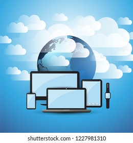 Cloud Computing Design Concept - Digital Connections, Technology Background with Electronic Devices, Earth Globe and Clouds 
