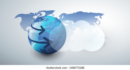 Cloud Computing Design Concept - Digital Connections, Technology Background with Arrows Around Earth Globe