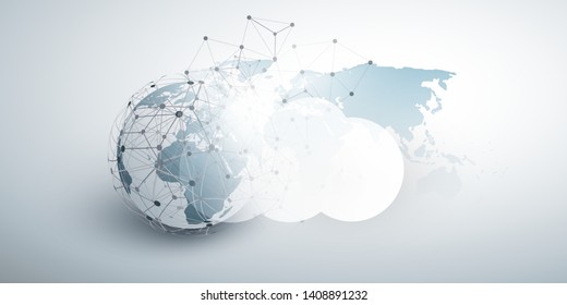 Conceito de Design de Computação em Nuvem - Conexões Digitais, Tecnologia de Fundo com o Globo da Terra, Mapa do Mundo e Rede Geométrica em Malha