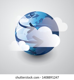 Cloud Computing Design Concept - Digital Connections, Technology Background with Earth Globe, Arrows and Clouds