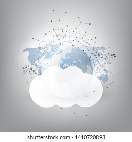 Cloud Computing Design Concept - Digital Connections, Technology Background with Earth Globe, World Map and Geometric Network Mesh
