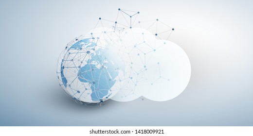 Cloud Computing Design Concept - Digital Connections, Technology Background with Earth Globe and Geometric Network Mesh