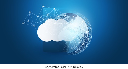 Cloud Computing Design Concept - Digital Connections, Technology Background with Earth Globe, World Map and Geometric Network Mesh