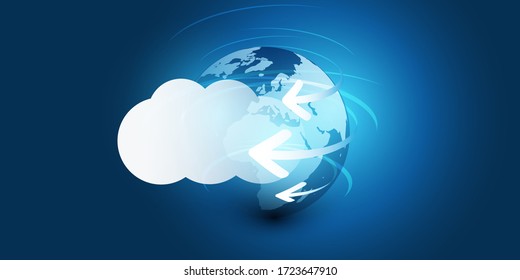 Cloud Computing Design Concept - Digital Connections, Technology Background with Earth Globe, Arrows and Geometric Network Mesh
