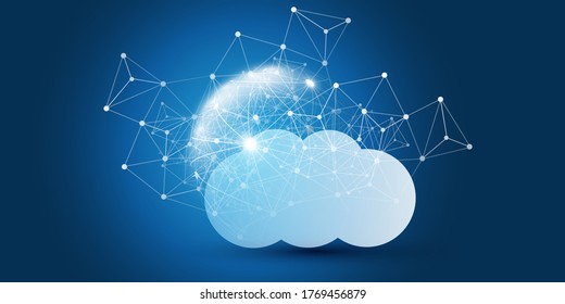 Cloud Computing Design Concept - Digital Connections, Technology Background with Wire Frame Sphere and Geometric Network Mesh