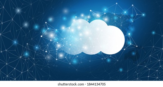 Cloud Computing Design Concept - Digital Connections, Technology Background with Transparent Grid, Geometric Network Mesh