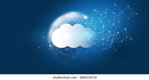 Cloud Computing Design Concept - Digital Connections, Technology Background with Transparent Grid, Globe and Geometric Network Mesh