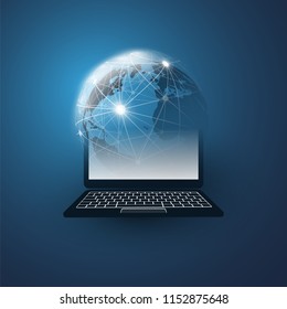 Cloud Computing Design Concept with Earth Globe and Notebook - Digital Network Connections, Technology Background, Vector Design