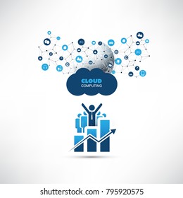 Cloud Computing Design Concept with Happy Businessmen, Chart and World Map - Online Business Management, Digital Network Connections, Technology Background