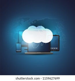 Cloud Computing Design Concept with Mobile Electronic Devices and World Map - Digital Network Connections, Technology Background