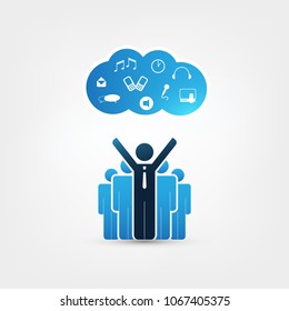 Cloud Computing Design Concept with Satisfied Businessmen and Icons - Digital Network Connections, Technology Background