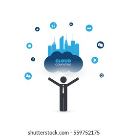 Cloud Computing Design Concept with a Standing Business Man and Icons - Digital Network Connections, Technology Background