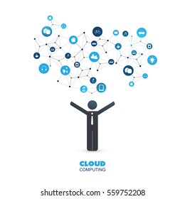 Cloud Computing Design Concept With A Standing Business Man And Icons - Digital Network Connections, Technology Background