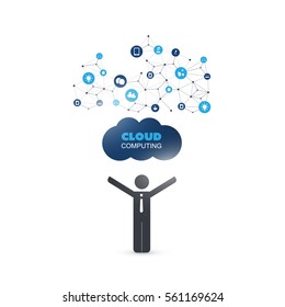 Cloud Computing Design Concept with a Standing Business Man and Icons - Digital Network Connections, Technology Background
