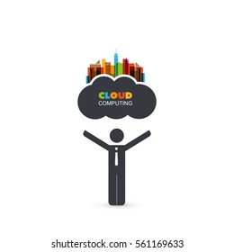 Cloud Computing Design Concept with a Standing Business Man - Digital Network Connections, Technology Background