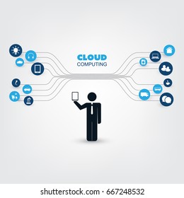 Cloud Computing Design Concept with a Standing Business Man and Icons - Digital Network Connections, Technology Background