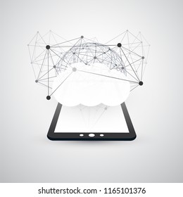 Cloud Computing Design Concept with Tablet and Wireframe Globe - Digital Network Connections, Technology Background
