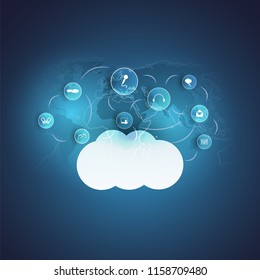 Cloud Computing Design Concept with World Map and Icons Representing Digital Media and Services - Network Connections, Technology Background