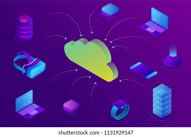 Cloud computing device technology concept. Cloud data storage connected to devices. Isometric vector illustration suitable for info graphics, websites.