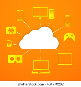 Cloud computing. Devices connected to the cloud. Technology connectivity concept. Vector Illustration.