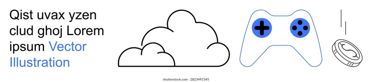 Cloud computing, digital currency, online gaming, virtual reality, technology trends, internet of things. Cloud, game controller coin . Cloud computing and digital currency