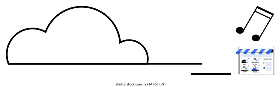 Computación en la nube, música digital, tienda en línea, transferencia de datos, distribución de medios, intercambio de contenido. Un símbolo de nube, notas de música y un icono de escaparate. Concepto de computación en la nube y música digital