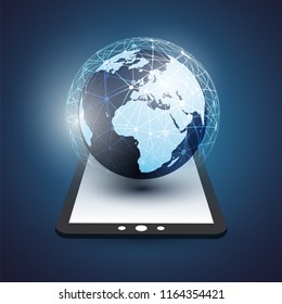 Cloud Computing, Digital Network Connections Design Concept with Earth Globe and Tablet PC - Technology Background, Vector Design