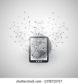 Cloud Computing, Digital Network Connections, Mobile Technology Concept Design with Wireframe, Earth Globe and Tablet PC, Portable Device