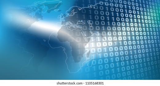 Cloud Computing, Digital Networks, Telecommunications Concept Design, Worldwide Connections with World Map and 3D Digital Binary Code Patterned Wall Background - Vector Illustration