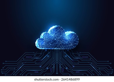 Cloud computing and digital storage concept with glowing blue polygonal cloud icon connected to circuit board. Futuristic low poly style, abstract vector illustration.