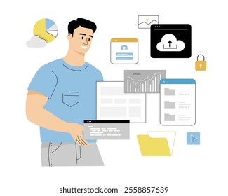 Cloud Computing. Digital storage, Data center. Data analysis, Categorizing or classifying files, organizing efficient work. Vector illustration on isolated white background.	
