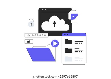 Cloud Computing. Digital storage, Data center. Data analysis, Categorizing or classifying files, organizing efficient work. Flat Cartoon Vector Illustration, icon. Stylish abstract design for website