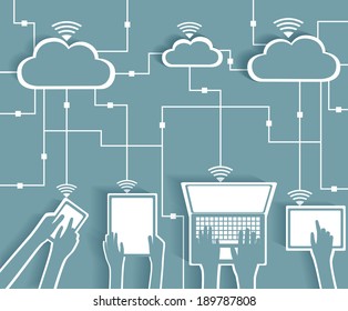 Cloud Computing Distance Learning Paper Cutout Stickers BYOD Devices Network - Wifi Internet Connectivity concept, EPS10 Grouped and Layered 