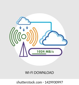 Cloud computing download process uses WiFi signals with illustrations of Mbps speed parameters, vector image outline fill design illustration