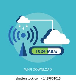 Cloud computing download process uses WiFi signals with illustrations of Mbps speed parameters, vector image flat design illustration