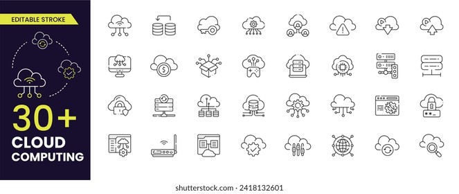 Cloud computing editable stroke icons related to cloud services, server, cyber security, digital transformation. Outline icon collection. Editable stroke. Vector illustration