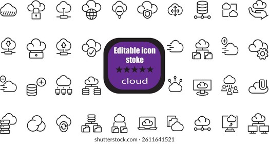 Cloud computing editable stroke icons related to cloud services, server, cyber security, digital transformation.