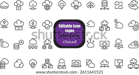Cloud computing editable stroke icons related to cloud services, server, cyber security, digital transformation.