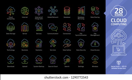 Cloud computing editable stroke outline color icon set on a black background with network digital database server and computer internet data technology colorful thin line pictogram.