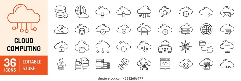 Cloud Computing editable stroke outline icons set. Cloud, computing, server, database, technology, networking, data and internet. Vector illustration.