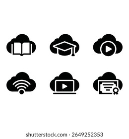 Computação em nuvem Ícones educacionais Glifos pretos simples modernos para plataformas de aprendizagem online de graduação e e-learning