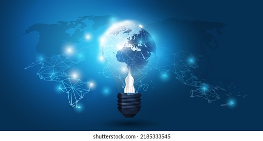 Cloud Computing, Electric and Global Network Connections Concept Design with Earth Globe Inside a Glowing Light Bulb, Transparent Geometric Mesh and World Map - Illustration in Editable Vector Format