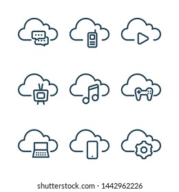 Cloud computing and entertainment line icons. 