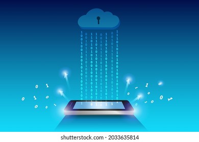 Cloud computing exchange data concept. Cloud transfer protected data to smartphone devices. Online storage and cyber security technology.
